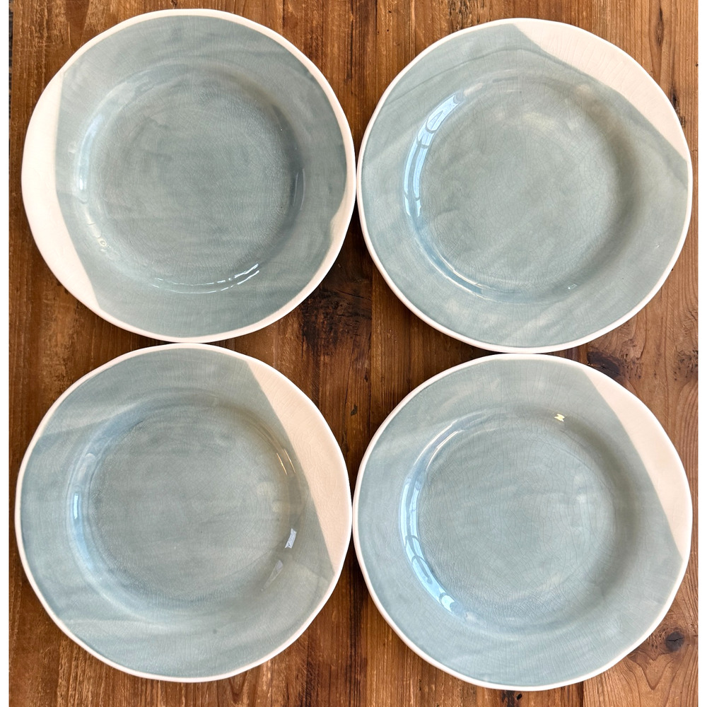 Set of 4 Anthropologie Cabarita Dinner Plates Ombre Crackle Glaze Gather Drip
